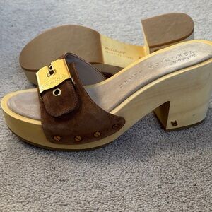 Erotica Beard Dr. Scholl's Brown Suede Mules with Gold Buckle
